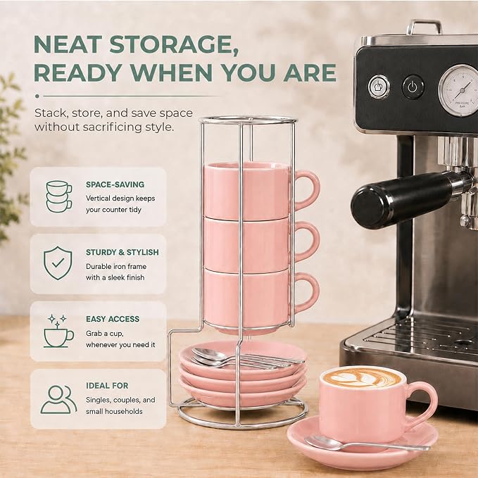 8 Ounce Cappuccino Cups Set of 4, Stackable Cappuccino Mugs, Includes Display Stand, Cups Saucers, and Spoons, for Machines & Home Use, Pink, Silver Tone