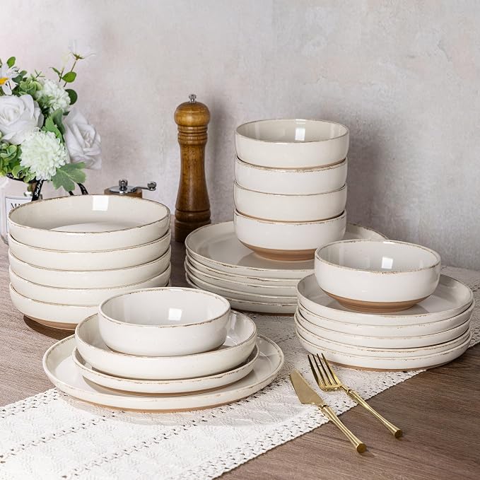 AmorArc Dinnerware Sets with Pasta Bowls for 4, Handpainted Stoneware Plates and Bowls Set with Rustic Terracotta Underside, Scratch Resistant Dishes Set, Dishwasher & Microwave Safe, 16 Pcs