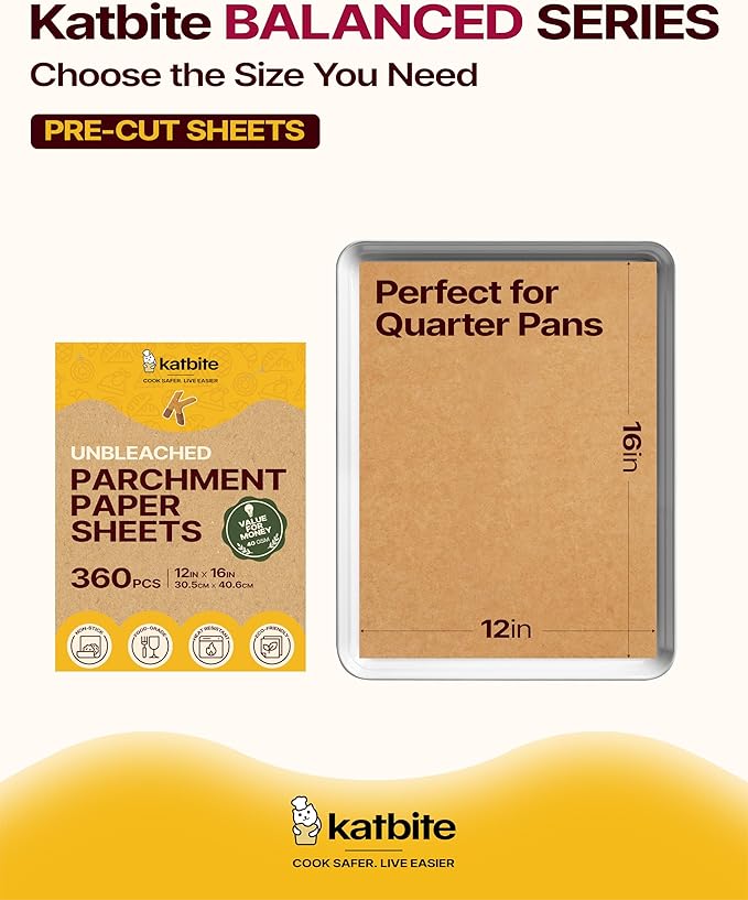 Katbite Parchment Paper Sheets 360 PCS, 12x16 Inches Precut Unbleached Baking Parchment, Non-stick, Non-toxic, Heavy Duty Flat Baking Paper for Oven, Cooking, Grilling, Air Fryer and Steaming