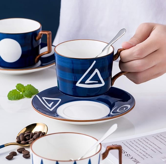 Jusalpha Japanese style hand printed- 7oz Fine China Tea Cup/Coffee Cup With Spoon and Tray/Saucer Set, Tableware, Serve of 4, TCS25