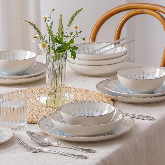 DOMICREVERY Ceramic Dinnerware Sets for 6, 24 pcs Plates and Bowls Sets, Blue Branch