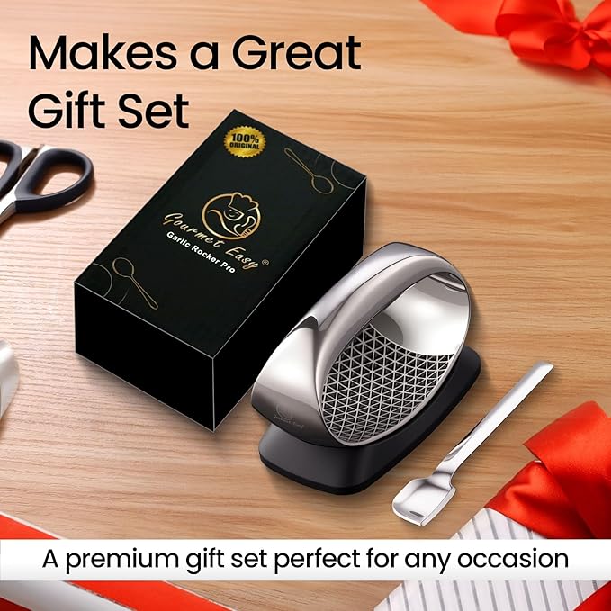 Garlic Press Rocker Stainless Steel with Eject Base + Scraper Spoon, Innovative 3D Cutting, Easy Crush & Clean Garlic Mincer, Premium Garlic Peeler Tool with Non-Slip Ergonomic Grip, 5 Year Warranty