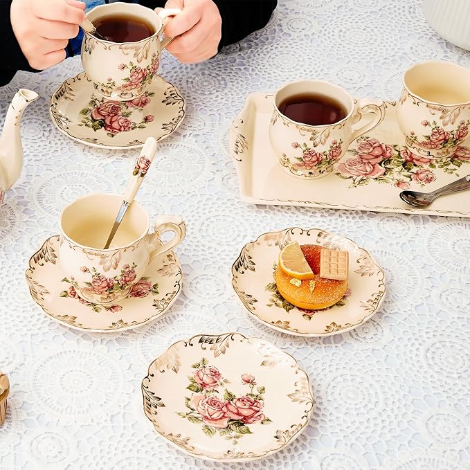 YOLIFE Ivory Vintage Floral Tea Saucers Set of 4, 5.8 inch with Gold Leaves Trim – Beautiful Porcelain Tea Plates for Cups, Ideal for Tea Parties
