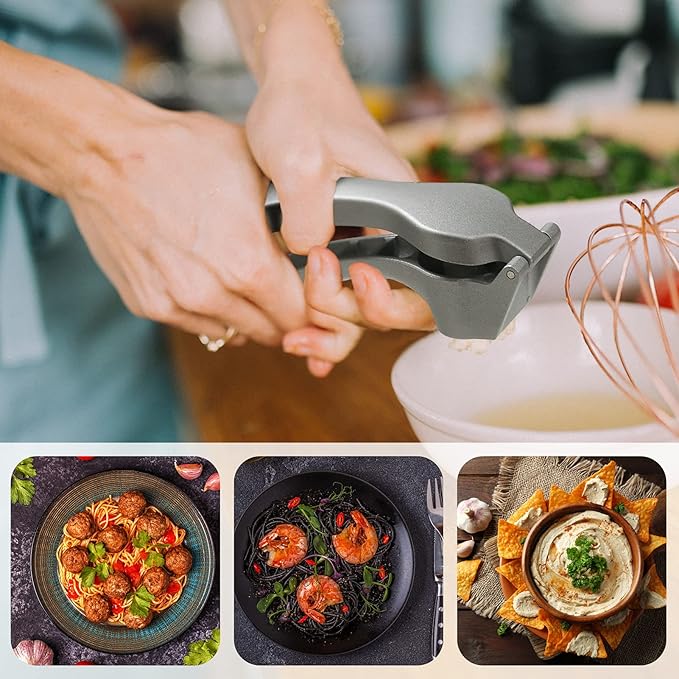 Garlic Press, Garlic Mincer Easy-squeeze Ergonomic Handle, Rust Proof, No Need To Peel, Professional Ginger Press & Garlic Crusher with Handy Cleaning Brush- Dishwasher Safe