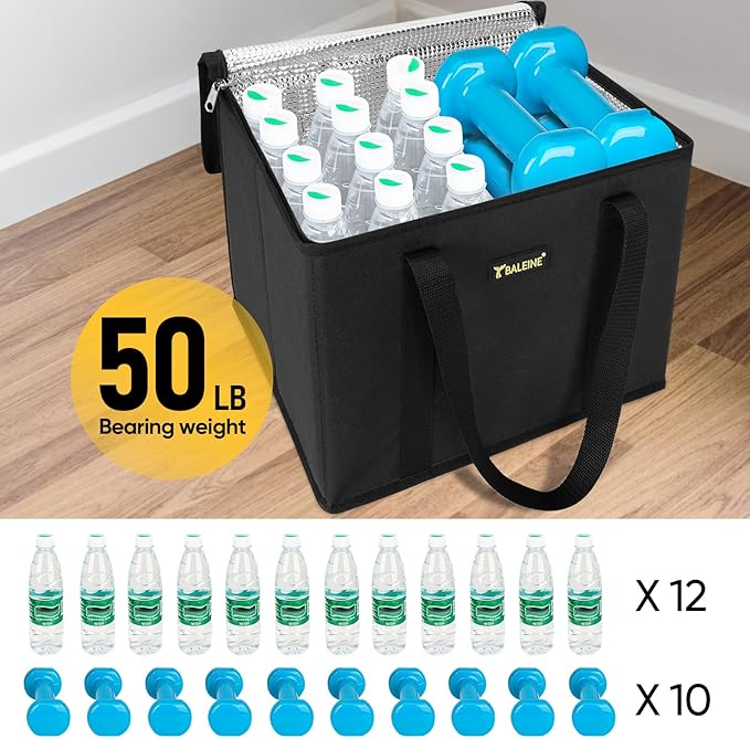 BALEINE 1Pk Insulated Reusable Grocery Bags, Foldable Shopping Bags for Groceries with Reinforced Bottom & Handles (Black)
