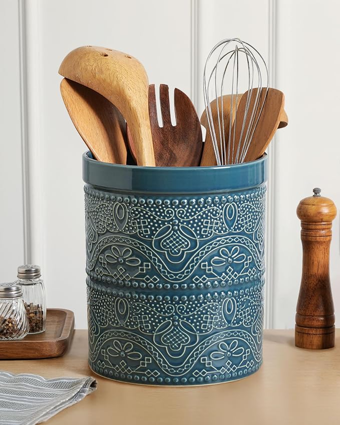 FUN ELEMENTS Kitchen Utensil Holder, 7.2" Super Large Utensil Crock Heavy and Stable Lace Emboss Ceramic Utensil Holder for Kitchen Counter (Grayish Blue)