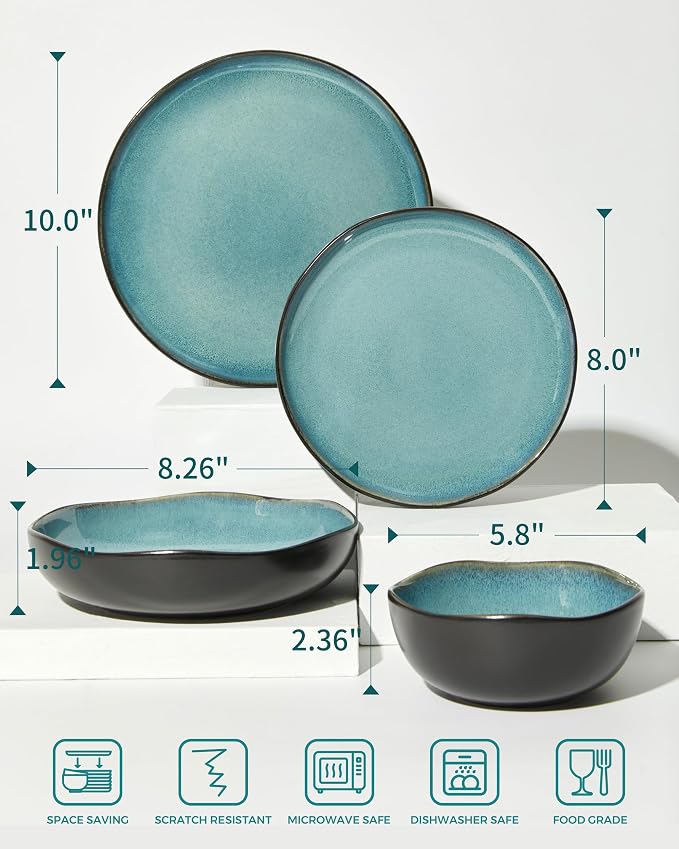 Pokini 32 Piece Dinnerware Set for 8 with Pasta Bowls, Green Black Reactive Glaze Stoneware | All‑in‑One Host Set for Entertaining, Holiday Meals, Multi‑Course Dinners | Unique Irregular Coastal Look