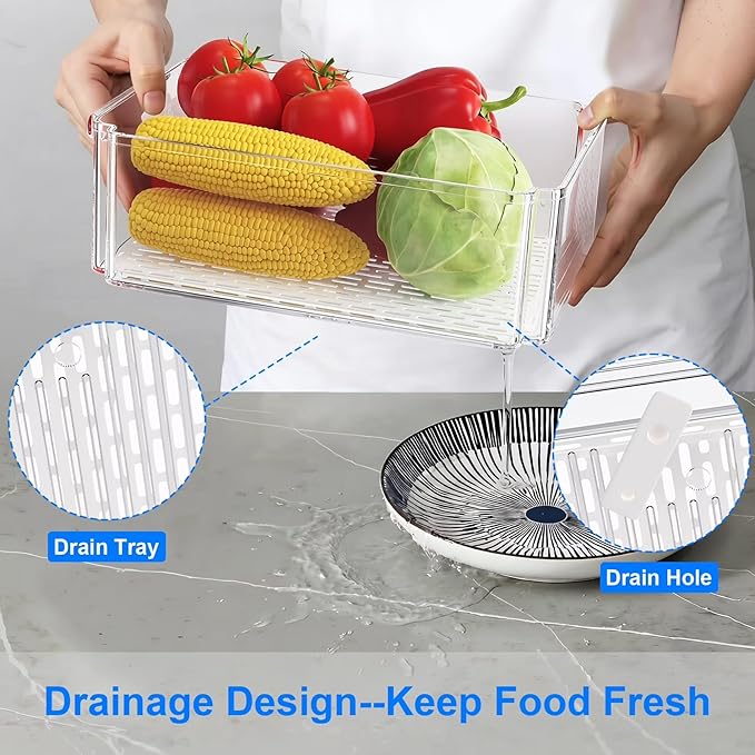 14 Pack Fridge Organizers and Storage, Clear Plastic Storage Bins with Lids , Stackable Food Containers with Drain Boards, Kitchen Organization and Storage, Produce Saver for Vegetables, Fruits, Meat