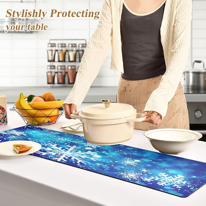 ALAZA Christmas Blue Glitter Snowflakes Trivet Table Runner 40 Inches Long Trivet for Hot Pots and Pans/Hot Dishes,Table Protector Heat Up to 230F, Decorative Hot Plates Mat for Kitchen Countertop