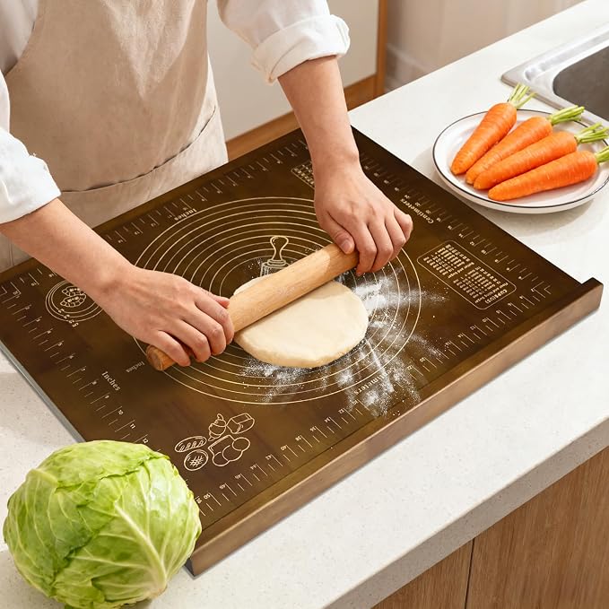 Wooden Pastry Board with Measurement 24'' x 20" Reversible Kneading Board with Side Lip and Engraved Ruler Bread Cutting Boards for Rolling Dough Baking Counter Top Kitchen (Brown)