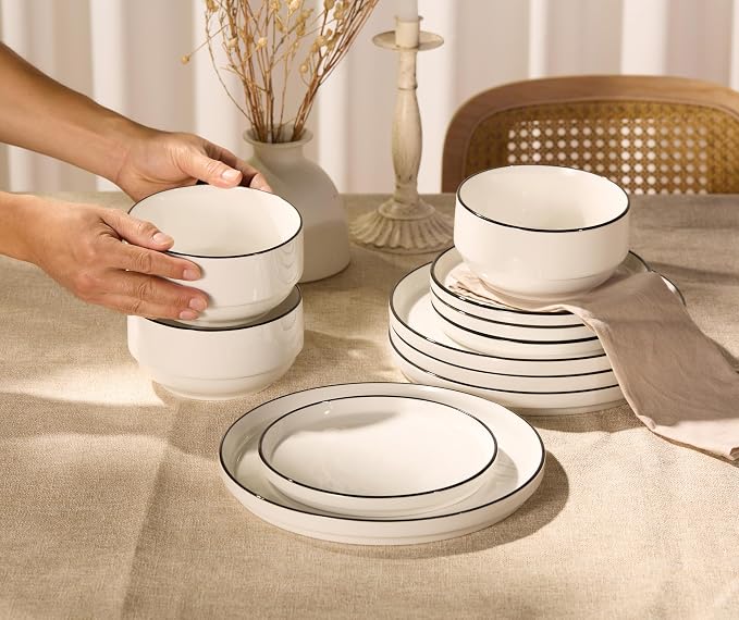 Vase and Vessel Ceramic Dinnerware Set, 12-Piece Service for 4, Round, Microwave and Dishwasher Safe, Cambridge Classics (French)