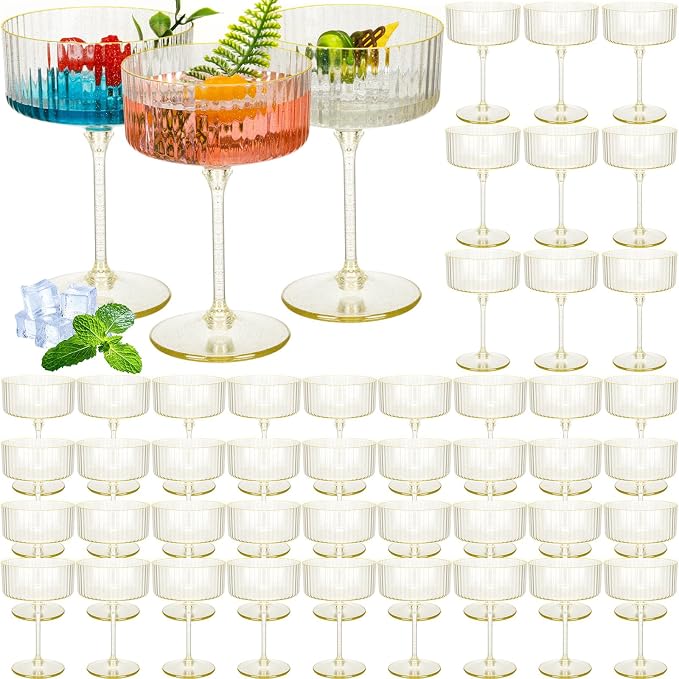 Jingmore 48 Pcs Ribbed Martini Glasses 10 oz Disposable Plastic Vintage Ribbed Coupe Glasses with Gold Rim Cocktail Unbreakable Dessert Parfait Glassware for Wedding Party Supplies (Clear)