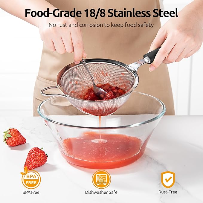 U-Taste Medium Fine Mesh Strainer: 18/8 Stainless Steel 4.73in 30 Mesh Kitchen Food Sieve with Sturdy Riveted Silicone Handle, Heavy Duty Deep Handheld Metal Colander for Rice, Quinoa, Flour (Black)