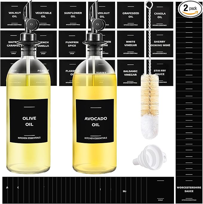 Spaceneat Olive Oil Dispenser 2-Pack, Black, 16.9 fl oz & 61 Extra Kitchen Labels (Black)