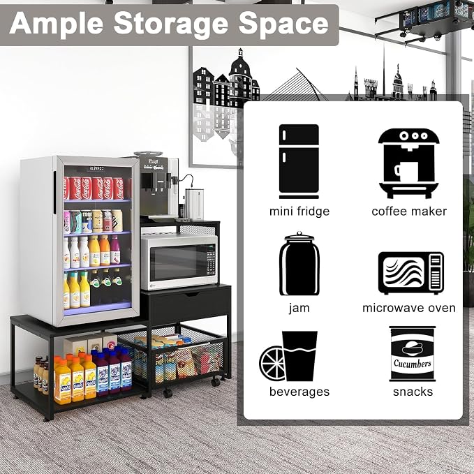 PUNCIA Coffee Bar Cabinet with Mini Fridge Stand Storage & Power Outlet | Microwave Oven Stand & Beverage Refrigerator Table, Built-in Drawer Rolling Basket for Dorm Apartment Pantry Organizer