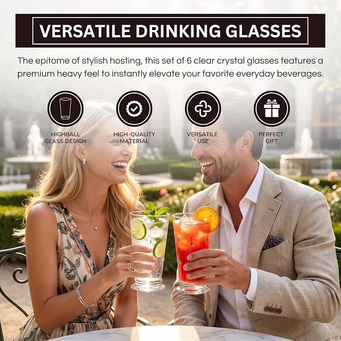 French Bee Highball Glasses | Set Of 6 | Clear Drinking Glass 13 OZ, Old Fashioned Glasses with Bees Embossed Design, Fine Crystal French Glassware, Drinking Glasses, Heavy Water & Juice Glasses Gift