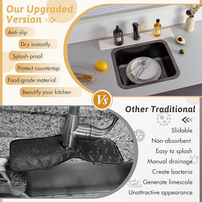 U Shape Sink Draining Mat Behind Faucet, Super Absorbent Diatomite Fast Drying Stone, Quick Drying Splash Guard, Prevents Moisture Buildup, Around Faucet Drip Mat for Kitchen Bathroom Counter, White