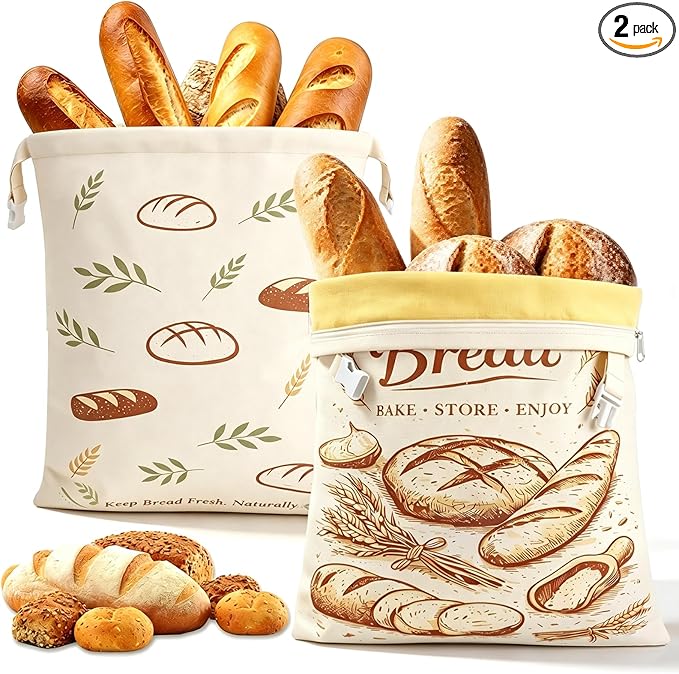 Beeswax Bread Bags for Homemade Bread, 2 Pack XL Sourdough Bread Bags with Zipper & Buckle Closure, Reusable Linen Bread Storage Bags for Artisan Loaves