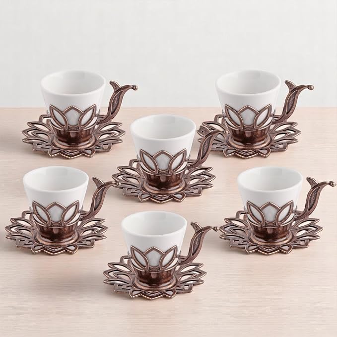 Alisveristime (Set of 6) Turkish Coffee Set with Porcelain Cups, Zamac Holders & Saucers – 80ml Capacity, Ottoman Motif, 4 Color Options (Brown)