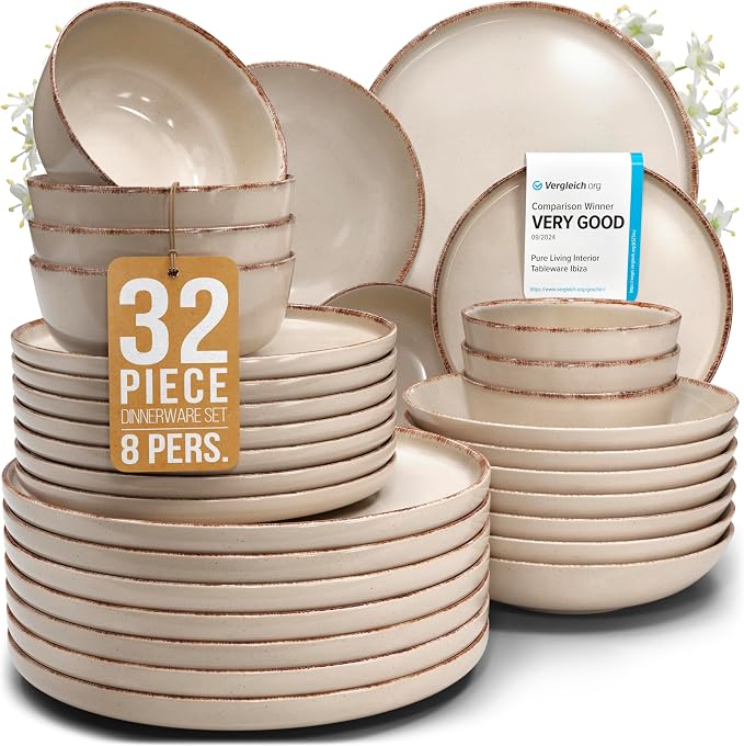 32 Piece Stoneware Dinnerware Set for 8 - Handmade Reactive Glaze Plates and Bowls Set - Chip & Scratch Resistant Dish Set - Dishwasher Microwave Safe - Rustic Beige