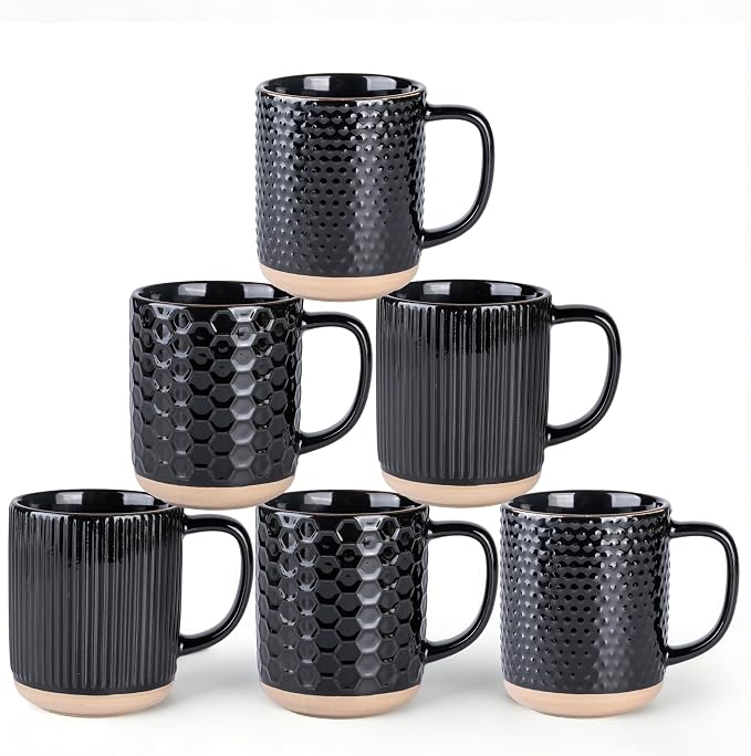 GBhome Large Coffee Mugs Set of 6, 16oz Handmade Stoneware Coffee Mugs Set with Large Handle for Cappuccino/Latte/Tea/Hot Cocoa, Dishwasher & Microwave Safe, Black