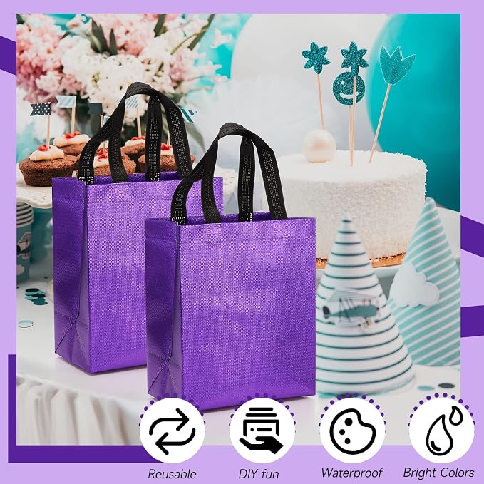 Eccliy Reusable Gift Bags Set Glossy Grocery Gift Tote Bag with Handle for Wedding, Bridal Shower, 4th of July, Summer Event(10 x 8 x 4.7 Inch,Purple with Black Handles,80 Pcs)