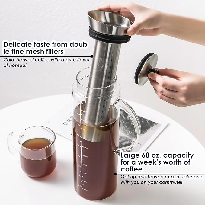 Aquach 68oz Cold Brew Coffee Maker, Extra Tall Glass Pitcher for Iced Tea | Dishwasher Safe, Borosilicate Glass, Up to 2 Weeks Fresh Aroma, 304 Stainless Filter, Office & Home