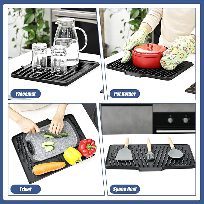 Silicone Dish Drying Mat for Kitchen Counter 15.8" x 13", Heat-resistant Dish Dryer Mat with Built-in Drain Lip ,Drain Pad Protects Surfaces Prevents Water Build UP (Black -1pcs)