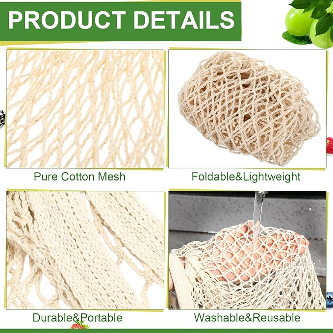 Paterr 4 Pack Cotton Mesh Produce Bags Bulk Reusable Market Bag Washable Net Grocery Purse String Shopping Tote Beach Organizer for Vegetable Fruit Picnic Food Storage (Long Handle,Beige)