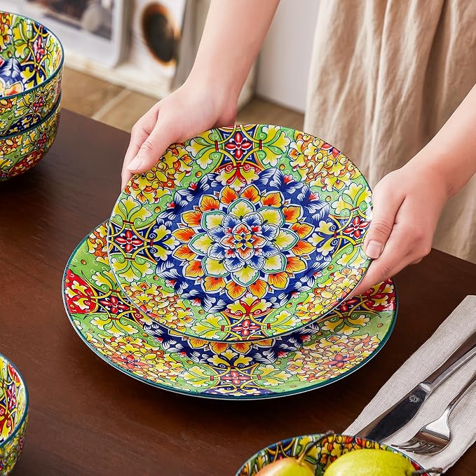 vancasso 12 Pieces Dinnerware Sets, Green Plates and Bowls Set, Porcelain Dishes Set for 4, Microwave and Dishwasher Safe, Scratch Resistant, Bohemian Style Dining Ware Service for 4, Series SIMI