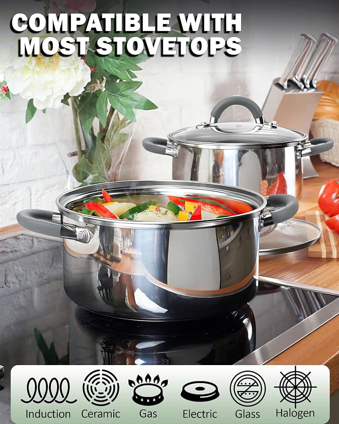 Cook N Home Basics Stainless Steel Cookware Sets, 12-Piece Pots and Pans | Stay-Cool Handle, Induction Compatible, Dishwasher and Oven Safe