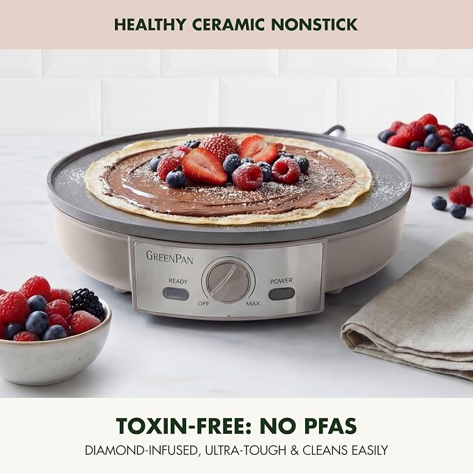 GreenPan Advanced 12" Crepe Maker, Healthy Ceramic Nonstick PFAS-Free Coating, Adjustable Temperature Control, 400°F Heating, Batter Spreader & Crepe Turner Included, Clay