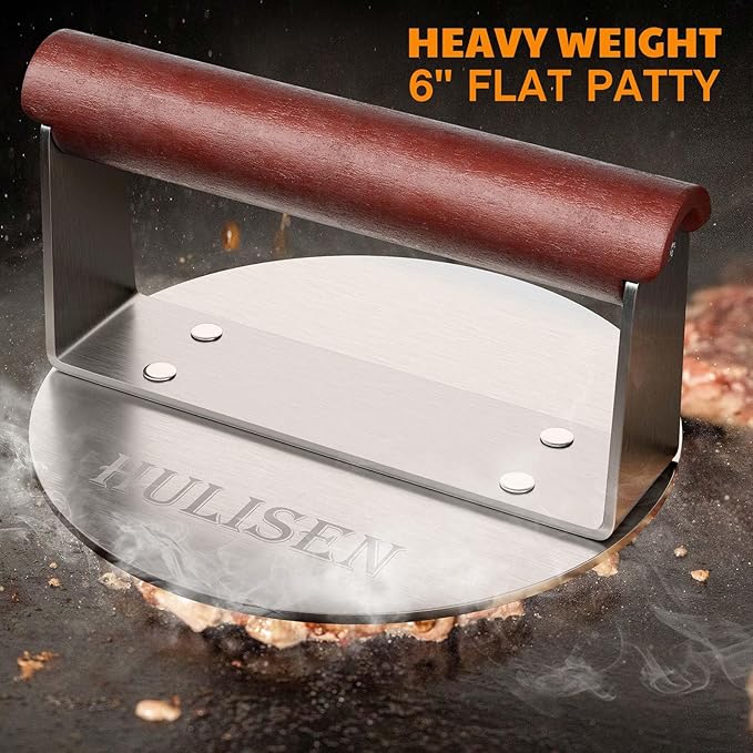 HULISEN Burger Smasher, Stainless Steel Smashed Burger Press, 6 Inch Hamburger Press for Griddle, Heavy-Duty Grill Press with Wood Handle, BBQ Accessories Tool, Weights 1.24 lb, Gift Wrapping