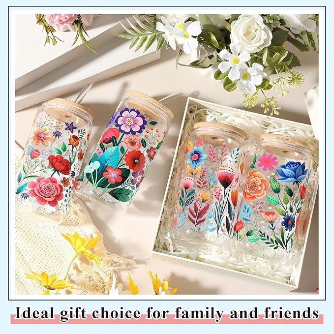 Mumufy 4 Pack Wildflower Glass Cups Gift Aesthetic Cute Glass Cup Tumbler Flower Iced Coffee Mugs 16 oz with Bamboo Lid & Straw, for Wedding Birthday Bridesmaid Mom Baby Shower