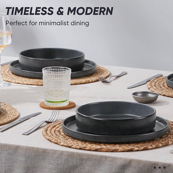 E-far 16-Piece Plates and Bowls Sets - Stoneware Dinnerware Sets with Pasta Bowls for 4 | Microwave & Dishwasher Safe Kitchen Modern Dish Set, Deep Gray