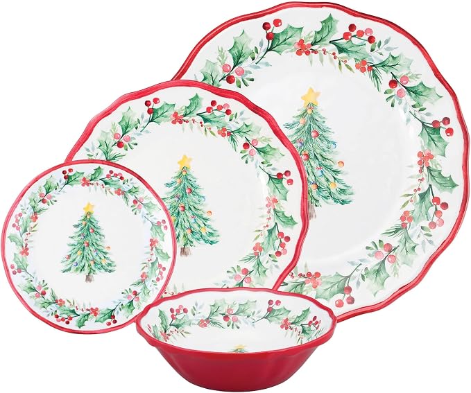 UPware 16 Piece Christmas Tree Melamine Dinnerware Sets, Outdoor Dishes Set, Plates and Bowls Sets, Christmas Decorations, Service for 4, Red