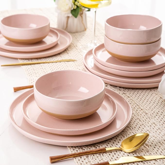 GBHOME 24-Piece Ceramic Dinnerware Set for 6, Handpainted Plates, Pasta Bowls & Bowls Set with Rustic Terracotta Underside, Scratch-Resistant, Dishwasher & Microwave Safe,Speckled Glaze Pink