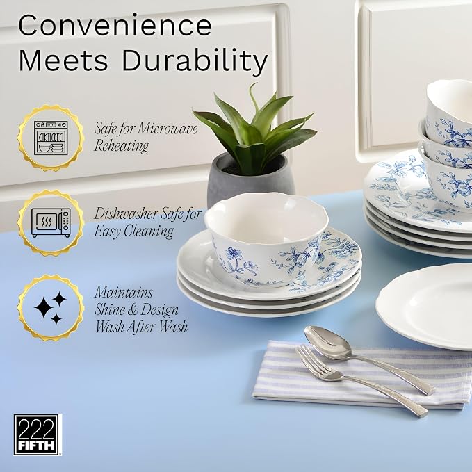 222 Fifth 12-Piece Porcelain Dinnerware Set for 4, White & Blue Plates and Bowls Set, Glossy Ceramic Dish Set with Beautiful Floral Design, Elegant Kitchen Dishes, Microwave & Dishwasher Safe, Bellamy