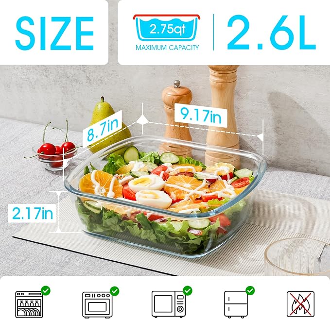 NUTRIUPS 9 x 9 Square Glass Baking Dish with Lid 2 Pack, 2.75QT LARGE and DEEP Baking Dish for Oven (Red, 2 Pack, 2.6L)