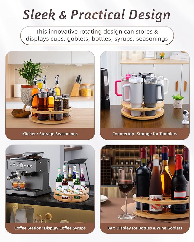 Rotating Wood Tumbler Organizer, 30 oz 40 oz Spinning Turnable Tumblers Holder, 360° Rotatable 7 Large Cups Bottle Tumbler Storage Display Stand, Rotate Syrup Organizer for Cabinet Countertop