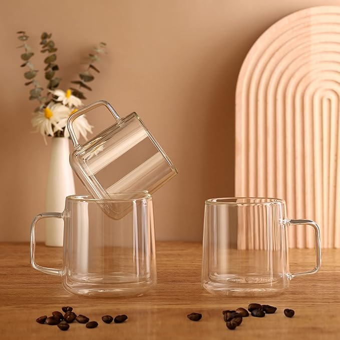 CNGLASS Double Walled Glass Coffee Mugs,15oz(1-pack) Insulated Glass Mugs with Handle,Clear Espresso Cups for Latte,Cappuccino,Tea Bag