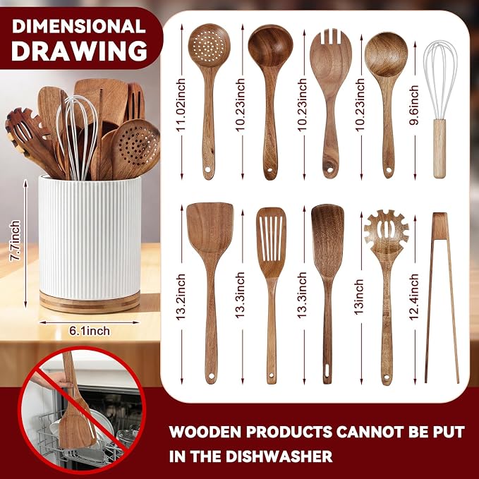 SiliFine 11 Pcs White Wooden Kitchen Utensils Set with 360° Ceramics Rotating Holder Acacia Wood Cooking Utensils with Cooking Spoons Spatulas Nonstick Cookware Countertop(White)