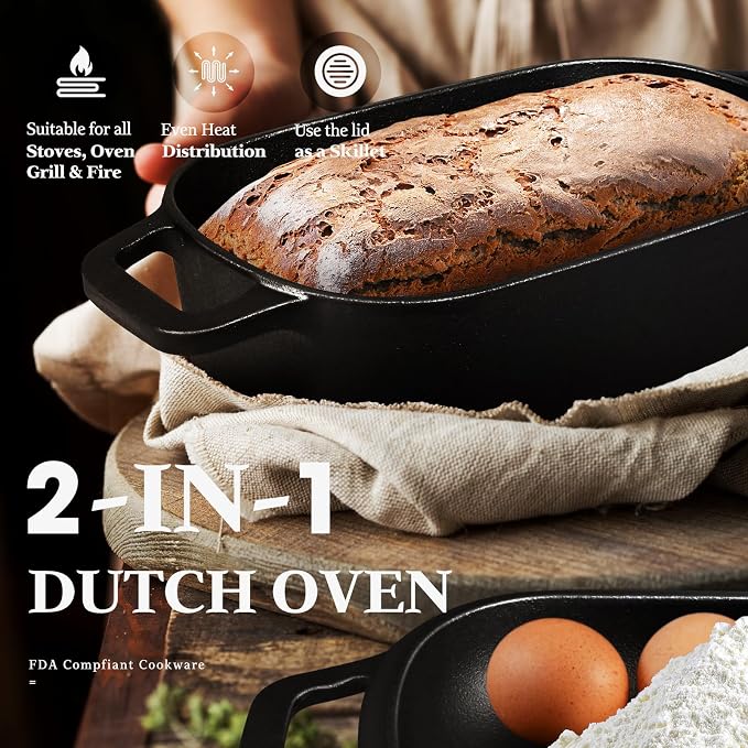 Cast Iron Sourdough Loaf Pan with Lid, Oval Dutch Oven for Bread Baking, Pre-Seasoned Sourdough Baking Supplies Kit, Cast Iron Dutch Oven for Homemade Bread, Sourdough Bread Pan