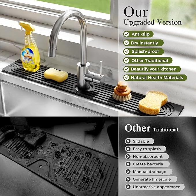 2 Pack Stone Faucet Mat for Kitchen Sink, Absorbing Drying Stone Mat Prevent Moisture, Sink Splash Guard Water,Natural Diatomite Stone Tray for Bathroom Counter 23.6*3.9inch (White+Grey)