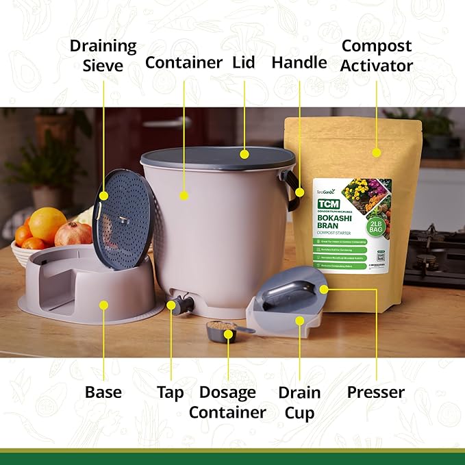 TeraGanix Bokashi Compost Starter Kit, Essential Bucket + Base, Indoor Composting, 15.3L (4gal) Capacity, Airtight, Odor & Pest-Free, Includes Bokashi Rice Bran & Liquid Collection Base, (Grey)