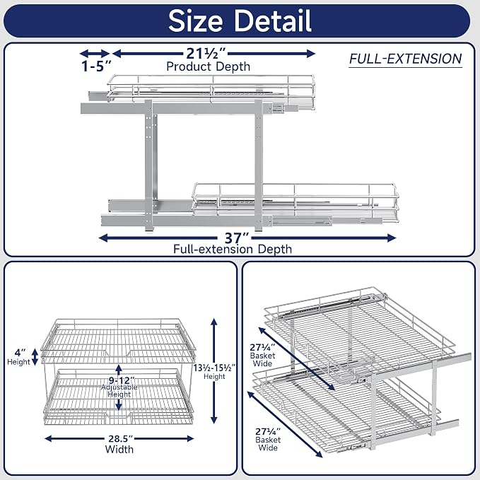 2-Tier Pull Out Cabinet Organizer, 28.5" W x 21.5" D, Heavy Duty Dual Slide Out Shelves for Wide Base Cabinets, Chrome Wire Basket Drawer for Pots, Pans, Pantry & Cleaning Supplies