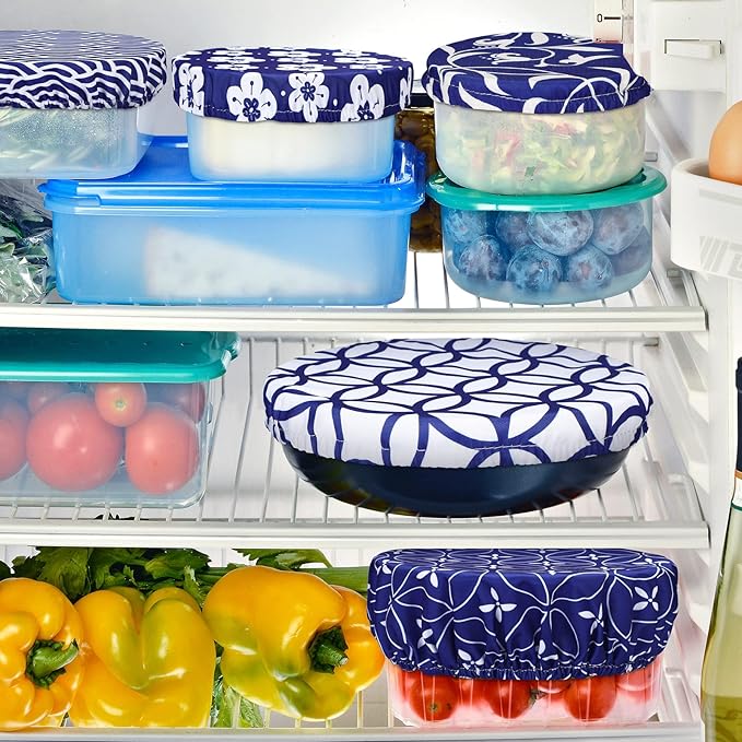 Patelai 10 Pcs Bowl Covers Reusable in 5 Size Stretch Cloth Fabric Elastic Food Storage Bowl Covers Bread Sourdough Lids for Proofing Food Fruits Leftover(Blue White,Stylish Style)