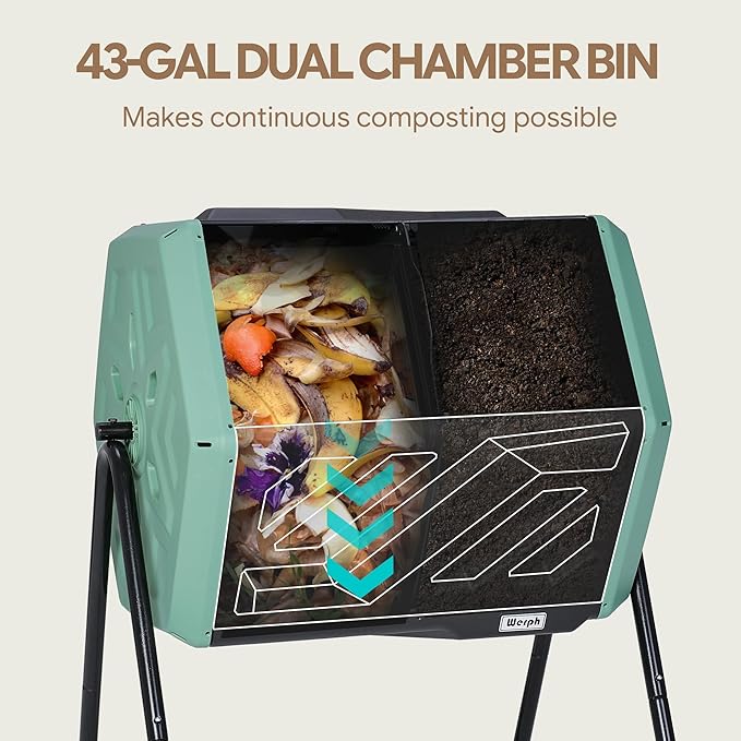 Werph Updated 43 Gallon Dual-Chamber Compost Bin, Fast Assembly Rotating Outdoor Compost Tumbler, Batch Composter with Gloves for Garden, Kitchen, and Yard Waste, Green & Black