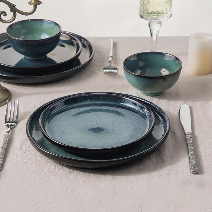 Ceramic tableware set, suitable for 4-piece and 12 piece hand-painted glazed dish and bowl sets, scratch resistant tableware sets, ovens, microwaves, and dishwashers, safe and green