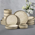 E-far 16-Piece Plates and Bowls Sets with Pasta Bowls - Stoneware Dinnerware Set for 4, Modern Ribbed Dishes, Microwave & Dishwasher Safe, Sandy Khaki